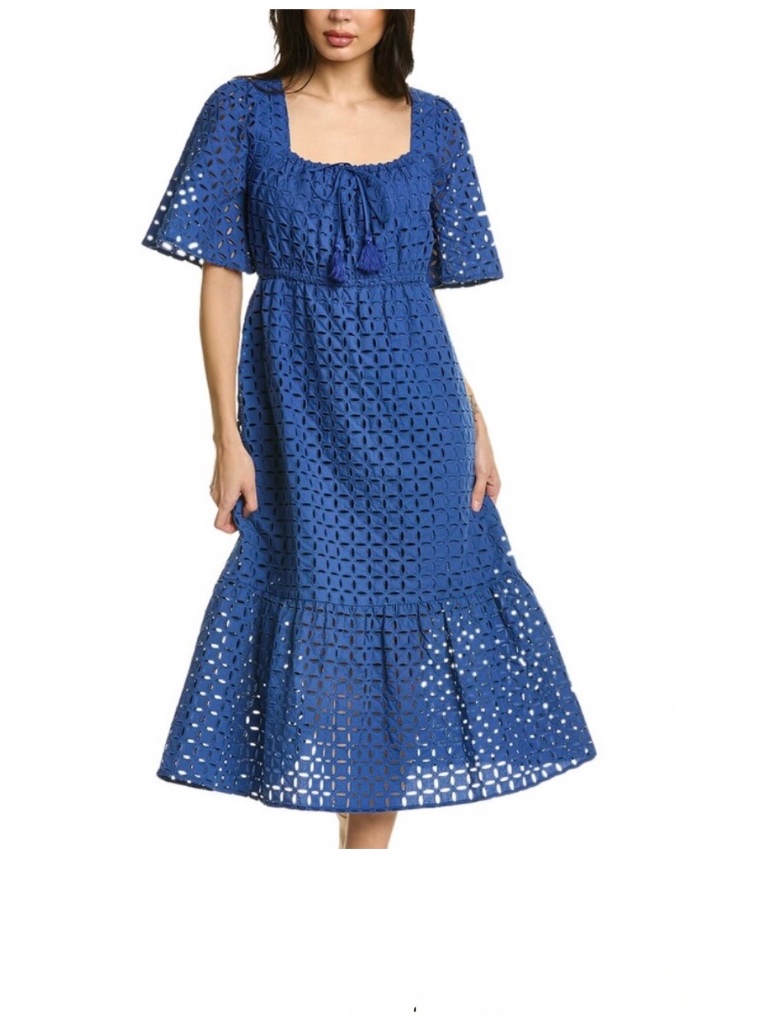Johnny Was Misty Midi Dress Eyelet Blue Boho Tassel Women's Size S Bb